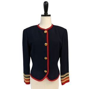 Vintage 100% Wool Military Blazer Gold Buttons Embroidered Navy Red